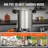 A collage showing a large stainless steel pot in a kitchen setting and three smaller images depicting its use in commercial restaurants, camping picnics, and family gatherings. Náhled obrázku produktu