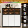 A modern sideboard cabinet with glass doors displaying stored items, illuminated by LED lights, with feature callouts on the right side. Produktbild-Vorschau