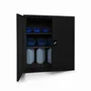 A black metal cabinet with its doors open, revealing shelves with blue bins and white containers. Podgląd zdjęcia produktu