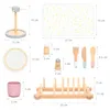 A flat lay image showing various wooden toy kitchen accessories with dimensions indicated by measurement lines and text. Anteprima dell’immagine prodotto