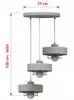 A three-light pendant lamp with shades and metal wire cages around the bulbs, shown against a white background with dimensions indicated. Produktbild-Vorschau