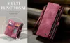 A collage showing a multi-functional phone case with card slots and a zipper, presented in both an open and closed view against a textured background. Produktbild-Vorschau