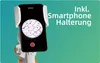A smartphone attached to a microscope, displaying a magnified image of cells on its screen. Text indicates it includes a smartphone holder. Produktbild-Vorschau