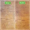 A split image showing a wooden surface before and after treatment with a product. Produktbild-Vorschau