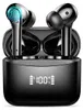 A pair of black wireless earbuds with a charging case, displaying battery percentage. Produktbild-Vorschau