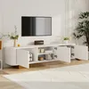 A white TV stand with doors open, displaying storage compartments, with a TV mounted on the wall above it. Anteprima dell’immagine prodotto
