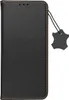 A black leather flip case for a smartphone is shown against a white background. Produktbild-Vorschau