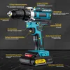 A detailed product shot of a cordless drill with feature callouts. Produktbild-Vorschau