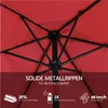 Close-up view of the internal structure of a red umbrella, with marketing text and icons at the bottom. Produktbild-Vorschau