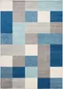 A close-up, flat lay image of a rug with a geometric pattern of blue, gray, and cream squares and rectangles. Náhled obrázku produktu