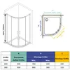 A technical drawing of a shower cabin with a table of dimensions. Produktbild-Vorschau