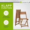 A marketing image showing two wooden folding chairs, one folded and one unfolded, with text highlighting features. Produktbild-Vorschau