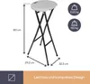 A white folding stool with dimensions and weight information displayed. Produktbild-Vorschau