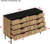 A 3D rendering of a wooden sideboard with black top and drawers, showing dimensions. Produktbild-Vorschau