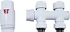 A white radiator valve set with a thermostat and a manifold is shown against a white background. Produktbild-Vorschau