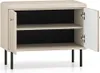 A beige shoe cabinet with two doors, two shelves, and a padded seat on top, shown with one door open. Náhľad obrázku produktu