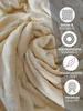 A close-up of a beige, plush blanket with marketing icons and text overlaid on the right side. Produktbild-Vorschau