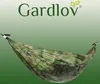 A camouflage hammock is shown suspended against a gradient green background, with the brand logo 'Gardlov' at the top. Produktbild-Vorschau