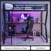 A loft bed with a desk and gaming chair setup, illuminated by purple LED lights. Podgląd zdjęcia produktu