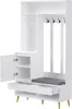 A white entryway storage unit with a bench, drawers, shelves, and hooks. Produktbild-Vorschau