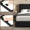 Close-up shots of bed frame assembly with text instructions, alongside a partially visible bed in a bedroom setting. Produktbild-Vorschau