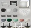 A collection of vanity tables and stools, along with a lighted mirror and billiard balls, arranged on a plain background. Voir les images du produit