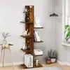 A tall, narrow bookshelf with a rustic brown finish, displaying various decorative items and books. Náhled obrázku produktu