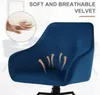 Close-up of a blue velvet chair with a hand pressing into the cushion and arrows indicating breathability. Produktbild-Vorschau
