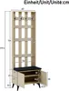 A diagram of a coat rack with a bench and storage, showing dimensions. Náhľad obrázku produktu