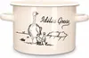 A cream-colored enamel cooking pot with handles, featuring a black line drawing of a goose and two goslings, along with the text "Idilia Goose". Produktbild-Vorschau