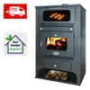 A dark gray wood-burning stove with a glass door showing flames, a glass-covered oven compartment above with food cooking, and a storage area at the bottom with firewood. There are also two promotional graphics on the left side: one with a red background a Produktbild-Vorschau