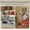 A split image showing a robot vacuum cleaner in a living room and a kitchen scene with people. Produktbild-Vorschau