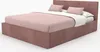 A pink upholstered bed with a headboard and two pillows on a white background. Produktbild-Vorschau