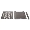 A set of stainless steel grilling accessories, including a grill grate, a drip pan, and a tool, laid out on a white background. Produktbild-Vorschau