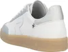 A side view of a white sneaker with light blue accents and a tan sole. Voir les images du produit