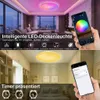 Collage showing a modern living room with a smart ceiling light and a bedroom with a smart ceiling light, both controlled by a smartphone. Produktbild-Vorschau