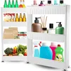 Two white shelving units filled with various household and grocery items. Voir les images du produit