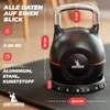 A black kettlebell with red accents is shown on a black exercise mat. Dimensions and weight information are overlaid on the image. Produktbild-Vorschau