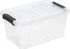A clear, studio shot of a transparent plastic storage box with black latches. Produktbild-Vorschau