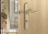 A close-up of a bronze door handle and lock mechanism on a wooden door, with a blurred interior visible through the open doorway. Produktbild-Vorschau