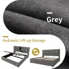 A collage of images showing a grey upholstered bed frame with its storage compartment open and closed, and a close-up of the fabric texture with the word 'Grey' overlaid. Produktbild-Vorschau