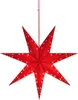 A red, 8-pointed star-shaped lantern with small white dots, hanging from a thin red string against a white background. Podgląd zdjęcia produktu