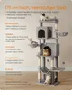 A multi-level cat tree with several cats interacting with it, accompanied by descriptive text highlighting its features. Produktbild-Vorschau