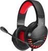 A black gaming headset with red accents and a microphone. Produktbild-Vorschau