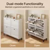 A split image showing a white shoe cabinet in two modes: closed and open, with text overlays. Náhľad obrázku produktu