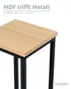 A close-up of a wooden-topped table with a black metal frame, with marketing text overlayed. Produktbild-Vorschau
