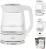 A collage of images showing a glass electric kettle, its components, and its packaging. Produktbild-Vorschau
