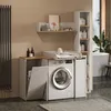 A modern bathroom or laundry room setup featuring a washing machine, changing station, and storage units. Produktbild-Vorschau