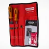 A red fabric pouch containing chainsaw sharpening tools, including files and a guide. Produktbild-Vorschau