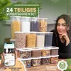 A woman is posing with a set of clear food storage containers filled with various food items, such as pasta, cereal, and nuts. A smartphone displaying an online shopping app is in the foreground. Anteprima dell’immagine prodotto